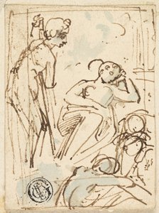 Skizze eines Mannes, der sich auf einen Stab stützt und eine schlafende Frau betrachtet von Thomas Stothard
