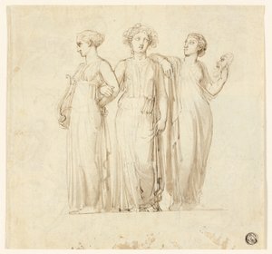 Drei Musen (recto); Studie eines Ritters und Mönchs für eine Illustration in einem gotischen Roman (verso)