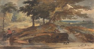 Landschaft mit Hügel und Bäumen, Figur zu Pferd