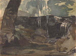 Felsige Landschaft, großer Baumstamm im Vordergrund