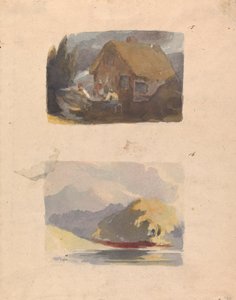 Zwei Zeichnungen auf einem Blatt: Hütte mit Figuren davor (Nr. 15); Landschaft mit Fluss und Bergen - Sonnenschein (Nr. 16) von Thomas Sully