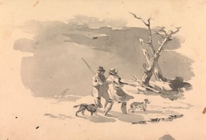 Zwei Jäger und zwei Hunde in einer Winterszene