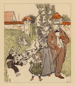 Familie beim Spaziergang beobachtet ihren Hund, der einem schmutzigen Bengel ins Bein beißt