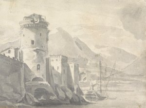 Befestigte Gebäude, die steil von einem Flussufer aufsteigen (in Italien?) mit Boot in der Mitte und entfernten Bergen von Thomas Wyck