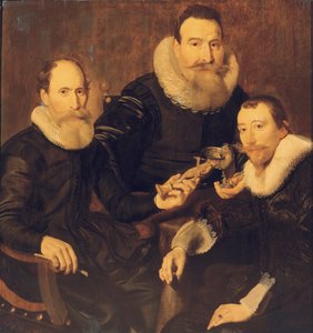 Gruppenporträt von drei Herren, dreiviertel Länge, sitzend in schwarzen Kostümen mit Spitzenkragen, 1635