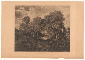 Ansicht des Waldes von Fontainebleau mit einer Figur bei einem Teich von Théophile Chauvel