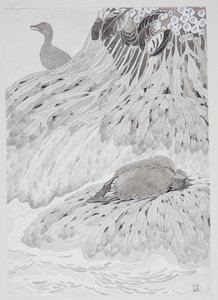 Eine Eiderente und ein toter Vogel am Strand von Thorolf Holmboe