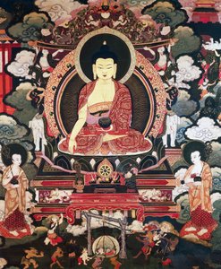 Buddha, sitzend zwischen seinen beiden großen Schülern Cariputra und Maudgalyayana, Szenen aus dem Leben von Buddha Sakyamuni, tibetische Zivilisation