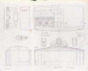 Eine Zeichnung des Designs für ein Tiffany & Co. Ausstellungsmittelstück und zwei dreiflammige Kandelaber, hergestellt für die Weltausstellung 1939, ca. 1939 von Tiffany and Company