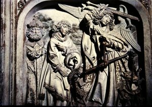 Grab von Heinrich II. (973-1024) und seiner Frau Kunigunde, Detail des Wiegens des Herzens von Heinrich II. in Anwesenheit von St. Laurentius von Tilman Riemenschneider