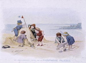 Kinderspiele: Kinder bauen eine Sandburg - Zeichnung von Lobrichon, ed. von Phosphatine Falières, ca. 1920 von Timoleon Marie Lobrichon