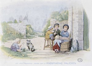 Kinderspiele: Angeln in einem Eimer (Zeichnung von Lobrichon, herausgegeben von Phosphatine Falieres, ca. 1920) von Timoleon Marie Lobrichon