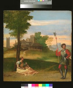Ein Idyll: Eine Mutter und ein Hellebardier in einer bewaldeten Landschaft, ca. 1505-10
