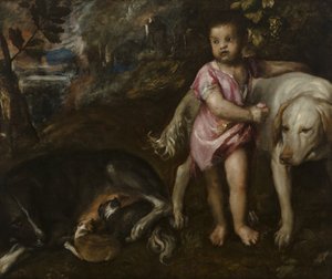Junge mit Hunden in einer Landschaft