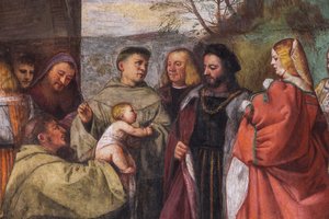 Das Baby verkündet die Unschuld der Mutter, die Nordwand, Schule des Heiligen, (Detail) von Titian (c.1488 1576)