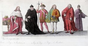 Venezianische Adlige (Doge, Page und Senator). Gravur inspiriert von Tiziano Vecellio, bekannt als Le Titian (1485-1576) und repliziert in den Mosaiken der Basilika von San Marco. In „Das alte und moderne Kostüm“ 1819-1820, von Jules Ferrario von Titian (c.1488 1576) (after)