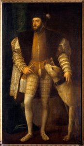 Porträt von Kaiser Karl V. (1500 - 1558) im Alter von 35 Jahren mit seinem Hund Sampere