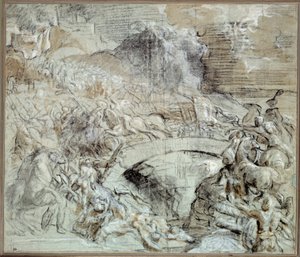 Kriege Italiens: „Die Schlacht von Cadore“ um 1508, als die Stadt Pieve di Cadore sich mit den Venezianern gegen die Truppen von Maximilian I. von Habsburg verbündete. Zeichnung mit schwarzem Stein und Waschung von Tiziano Vecellio (1485-1576) genannt Tizi