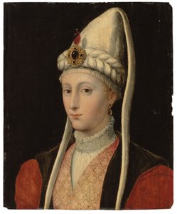 Porträt einer Frau, möglicherweise Haseki Hürrem Sultan, genannt Roxelana, Brustbild, in osmanischer Tracht, mit einem juwelenbesetzten Kopfschmuck von Tiziano Vecelli