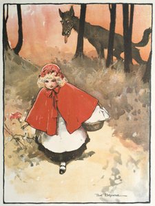 Rotkäppchen auf dem Weg zu ihrer Großmutter, beobachtet von einem finsteren, grinsenden Wolf. Illustration von Tom Browne (1872-1910) für das Märchen. Veröffentlicht 1900 von Tom Browne