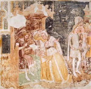 Die Entsendung von Botschaftern des Königs von England, Detail aus Geschichten der Heiligen Ursula, von Tommaso da Modena, Fresko von Tomaso da (late 15th century) Modena