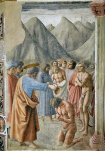 Der heilige Petrus tauft die Neophyten. Fresko von Masaccio (Tommaso di ser Giovanni di Mone Cassai) (1401-1428) 1425-1427 Dim 229,9x161,9 cm Florenz, Chiesa di Santa Maria del Carmine, Cappella Brancacci