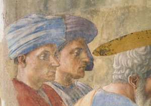 St. Peter tauft die Neophyten: Detail von zwei turbantragenden Beobachtern, ca. 1427 Fresko
