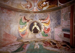 Lebenszyklus von Johannes dem Täufer: Gottvater umgeben von Engeln, die Taufe Christi und der heilige Hieronymus in seinem Studierzimmer