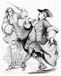 Molière: Der Bürger als Edelmann, Herr Jourdain tanzt unter der Leitung seines Musikmeisters. Gravur von Tony Johannot in der Ausgabe der gesammelten Werke, Paulin 1836. von Tony Johannot