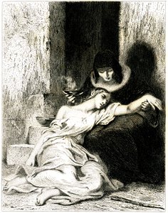 Junge Frau sichtbar leidend (krank) auf den Knien einer älteren Frau, die ihr einen Trank verabreicht (Radierung) von Tony Johannot von Tony Johannot