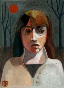 Frau unter roter Sonne