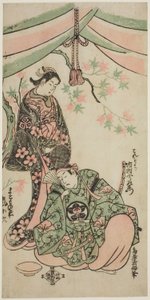 Die Schauspieler Arashi Koroku I als Makomo no Mae und Ichikawa Uzaemon VIII als Taira no Koremochi im Stück "Shusse Momijigari," aufgeführt im Ichimura-Theater im elften Monat, 1747 von Torii Kiyomasu II