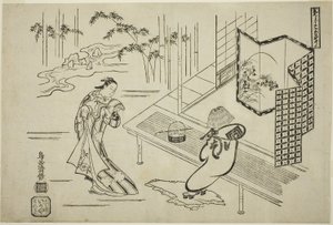Die Schauspieler Nakamura Takesaburo I als Kewaizaka no Shosho und Ichikawa Danjuro II als Soga no Goro verkleidet als Komuso im Stück "Bando Ichi Kotobuki Soga," aufgeführt im Nakamura Theater im ersten Monat von Torii Kiyomasu I