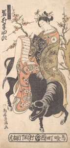 Der Schauspieler Iwai Hanshiro als Kurtisane, die einen Liebesbrief liest, während sie auf einem schwarzen Pferd sitzt von Torii Kiyomitsu