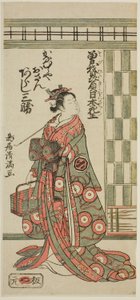 Der Schauspieler Arashi Sankatsu als Kanamuraya Osan im Stück "Soga Hiiki Nihon Sakura," aufgeführt im Nakamura Theater im dritten Monat, 1762