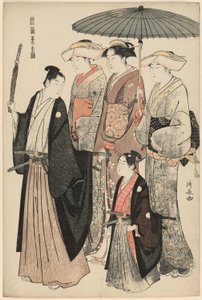 Ein junger Adliger, seine Mutter und drei Diener, aus der Serie "Ein Brokat östlicher Sitten (Fuzoku Azuma no nishiki)" von Torii Kiyonaga