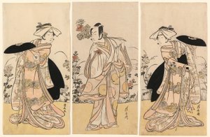 Bando Mitsugoro II als Tennen no Mansaku-kitsune und Ichikawa Monnosuke III als Nikaido Shinanonosuke und Iwai Hanshiro IV als Okura no Kojoro-kitsune in der Szene aus dem Drama Moto Mishi Yuki Sakae Hachi-no-ki von Torii Kiyonaga