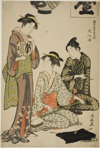 Abkühlung in Nakasu (Nakasu no suzumi), aus der Serie "Eine Sammlung zeitgenössischer Schönheiten der Vergnügungsviertel (Tosei yuri bijin awase)" von Torii Kiyonaga
