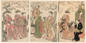 Kurtisanen und ihre Kinder unter blühenden Kirschbäumen von Torii Kiyonaga