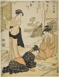 Entdeckung der Adresse der Geliebten eines Ehemanns, aus der Serie "Eine Sammlung humorvoller Gedichte (Haifu yanagidaru)" von Torii Kiyonaga