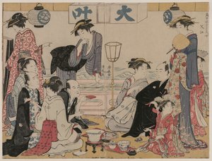 Unterhaltung auf einem Balkon am Wasser in Nakasu, aus der Serie "Eine Sammlung schöner moderner Frauen der Vergnügungsviertel" von Torii Kiyonaga