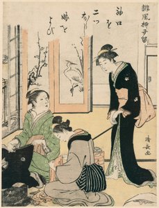 Schwiegermutter neckt die Braut, aus der Serie Eine Sammlung humorvoller Gedichte, ca. 1785 (Farbholzschnitt; chuban) von Torii Kiyonaga