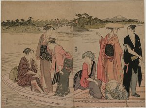 Passagiere in einer Fähre auf dem Sumida-Fluss von Torii Kiyonaga