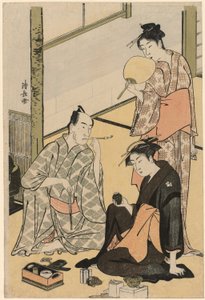 Der Schauspieler Matsumoto Koshiro IV mit seiner Familie, aus einer unbetitelten Serie von vier Drucken, die Schauspieler im Privatleben zeigen von Torii Kiyonaga