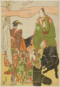 Die Schauspieler Ichikawa Monnosuke II als Miyukinosuke, Segawa Kikunojo III als Hatsune-hime und Ichikawa Danjuro V als Ninnaji no Saibei, im Joruri "Shitenno Oe no Yamairi", aufgeführt im Kiri-Theater im elften Monat, 1785 von Torii Kiyonaga