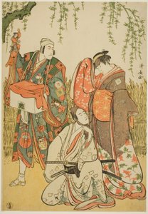 Die Schauspieler Ichikawa Yaozo III als Shiragiku, Ichikawa Danjuro V als der Puppenspieler Dekurokubei und Sawamura Sojuro III als Soga no Juro, im Joruri "Shinobukoi Yanagi no Katsura Otoko", aufgeführt im Nakamura-Theater im ersten Monat, 1785 von Torii Kiyonaga