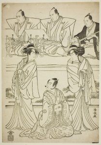 Die Schauspieler Segawa Kikunojo III als Geist von Yatsuhashi, Sawamura Sojuro III als Soga no Juro und Ichikawa Danjuro V als Geist von Seigen, im Stück "Sono Omokage Matsu ni Sakura," aufgeführt im Nakamura Theater im ersten Monat, 1783