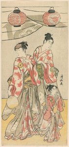 Die Schauspieler Yamashita Mangiku, Iwai Hanshiro IV und Iwai Kumesaburo aus einem Pentaptychon von elf Schauspielern, die das Fest des Schreins der Soga-Brüder feiern von Torii Kiyonaga