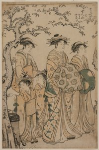 Die Kurtisane Senzan von Chojiya spaziert mit ihrer Kamuro Yasono und Yasoji und zwei Shinzo, 1786