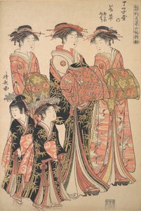 Die Kurtisane Wakakusa vom Chojiya-Bordell und die Begleiter Asano und Midori, ca. 1783